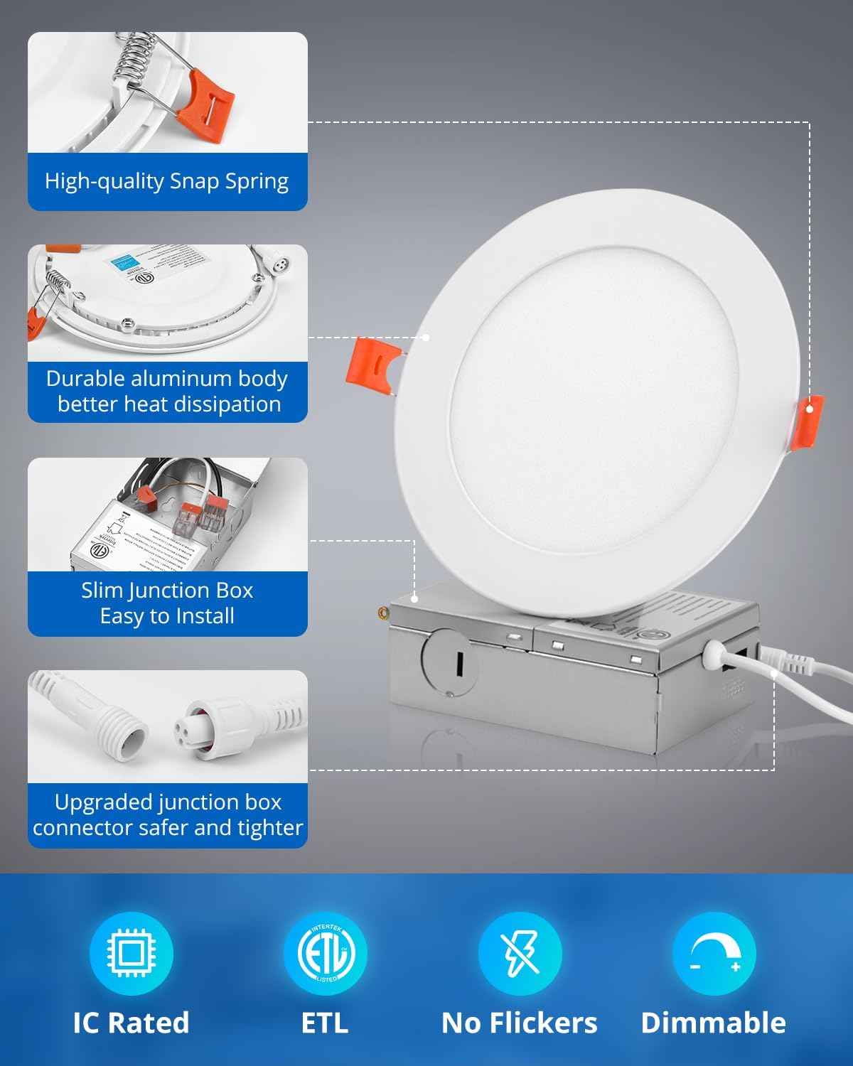 10W Dimmable 5-Inch LED Recessed Ceiling Light - Ultra Thin Canless Downlight, 800LM, 7CCT, Damp-Rated for Kitchen & Bathroom, 8 Pack