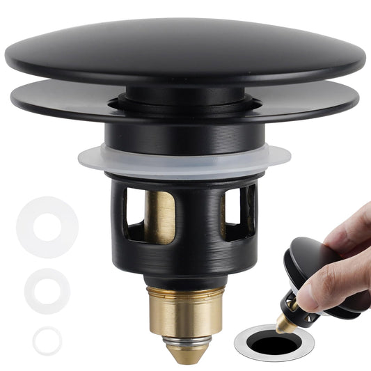 Universal Bathroom Sink Stopper 2 in 1 Pop Up Metal Sink Drain Strainer with Hair Catcher, Fit for 1.1~2.36" Sink Basin Hole, Not for Bathtub, Big Cover Cap, Anti-clog, Matte Black