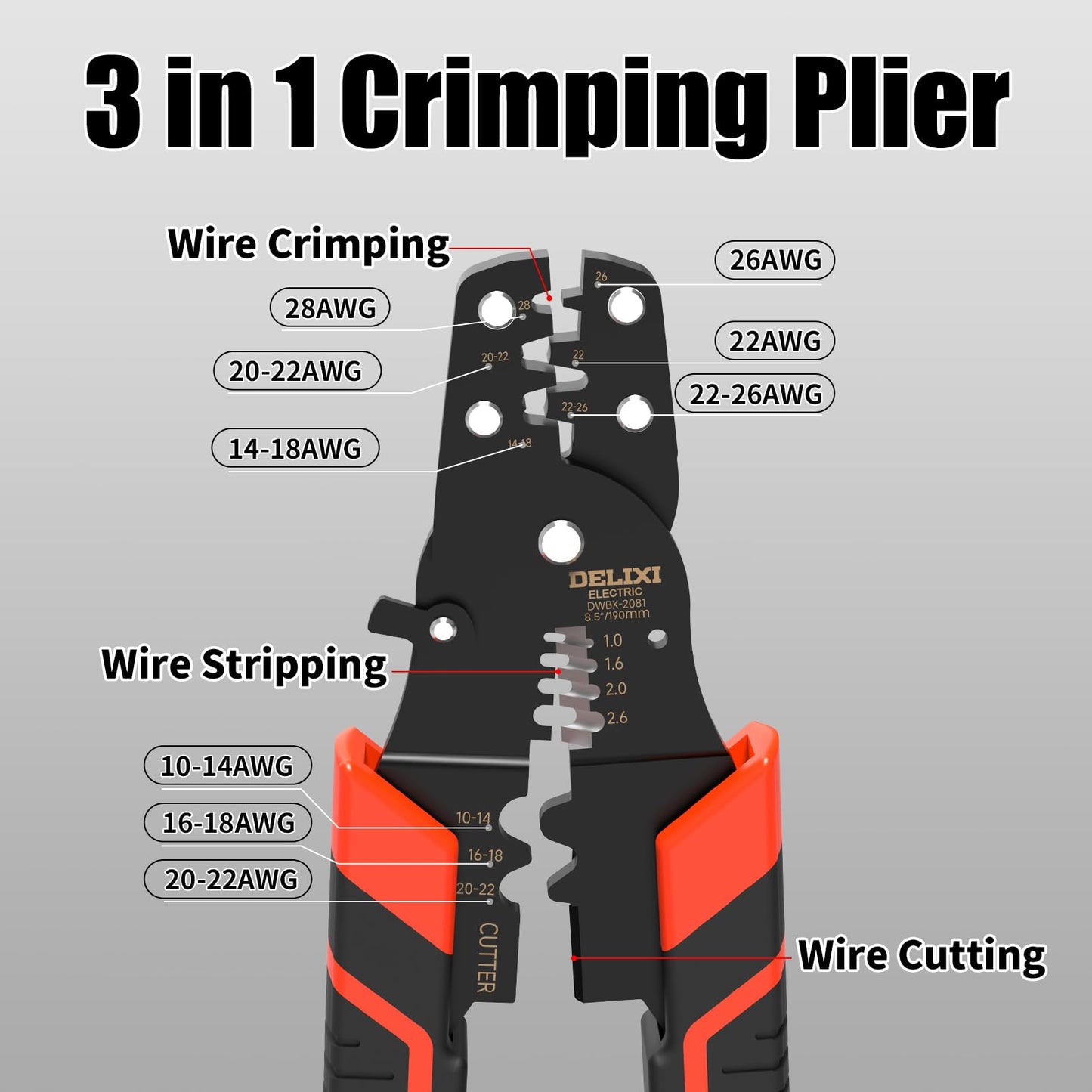 Crimping Tool with Stripper & Terminal Crimper, Multifunctional Wire Crimping Tool for AWG 28-10 Wires and 1.0-2.6 mm² Cable Stripping, Perfect for Network Engineers, DIY Enthusiasts