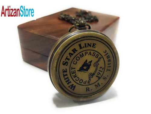 ArtizanStore Antique Brass Compass RMS Titanic 1912 Brass Pocket Compass with Wooden Box