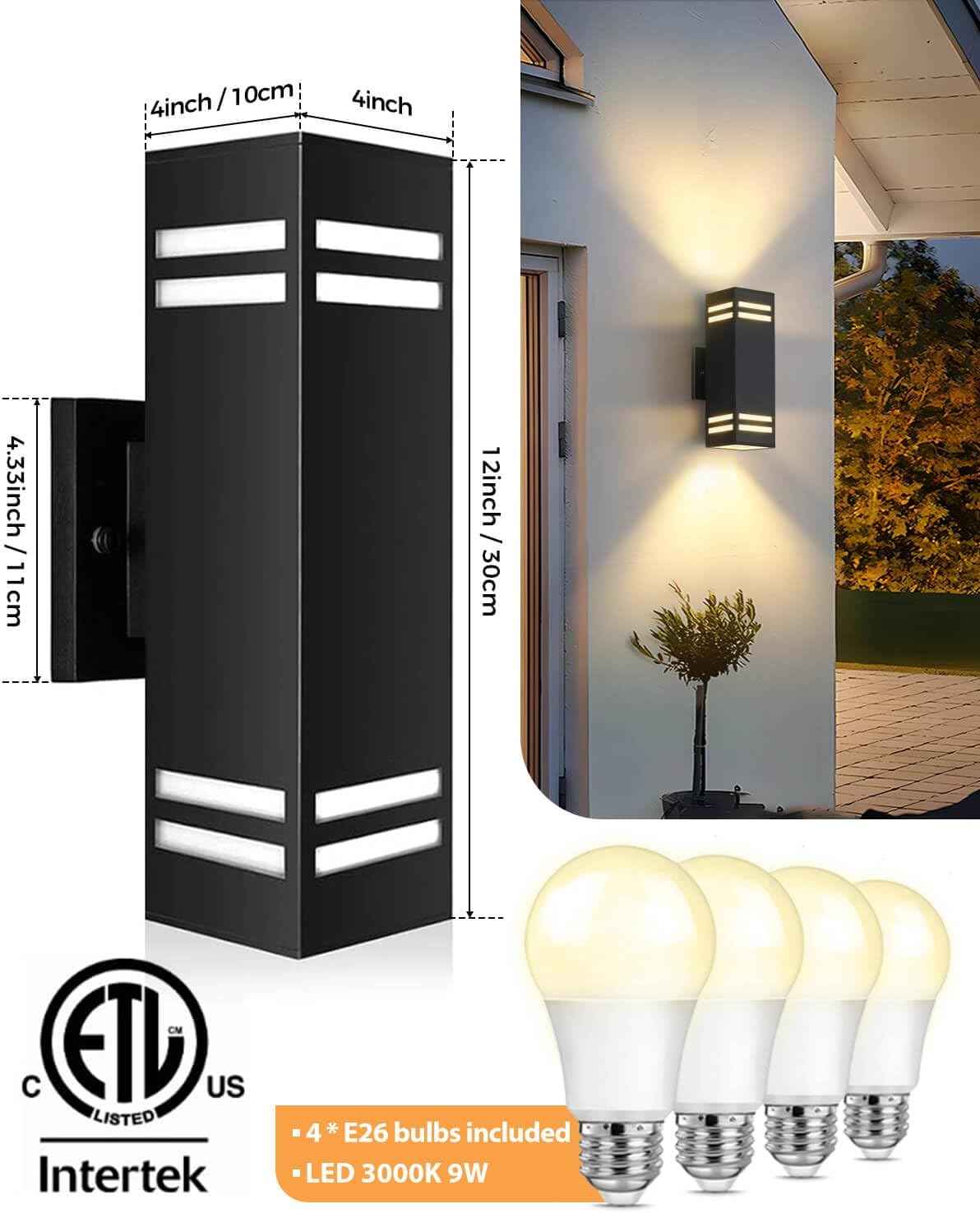 Modern Outdoor Wall Lights - Dusk to Dawn Square Matte Black Sconce with Bulbs, Aluminum Anti-Rust Up & Down Lighting for Porch & Garage
