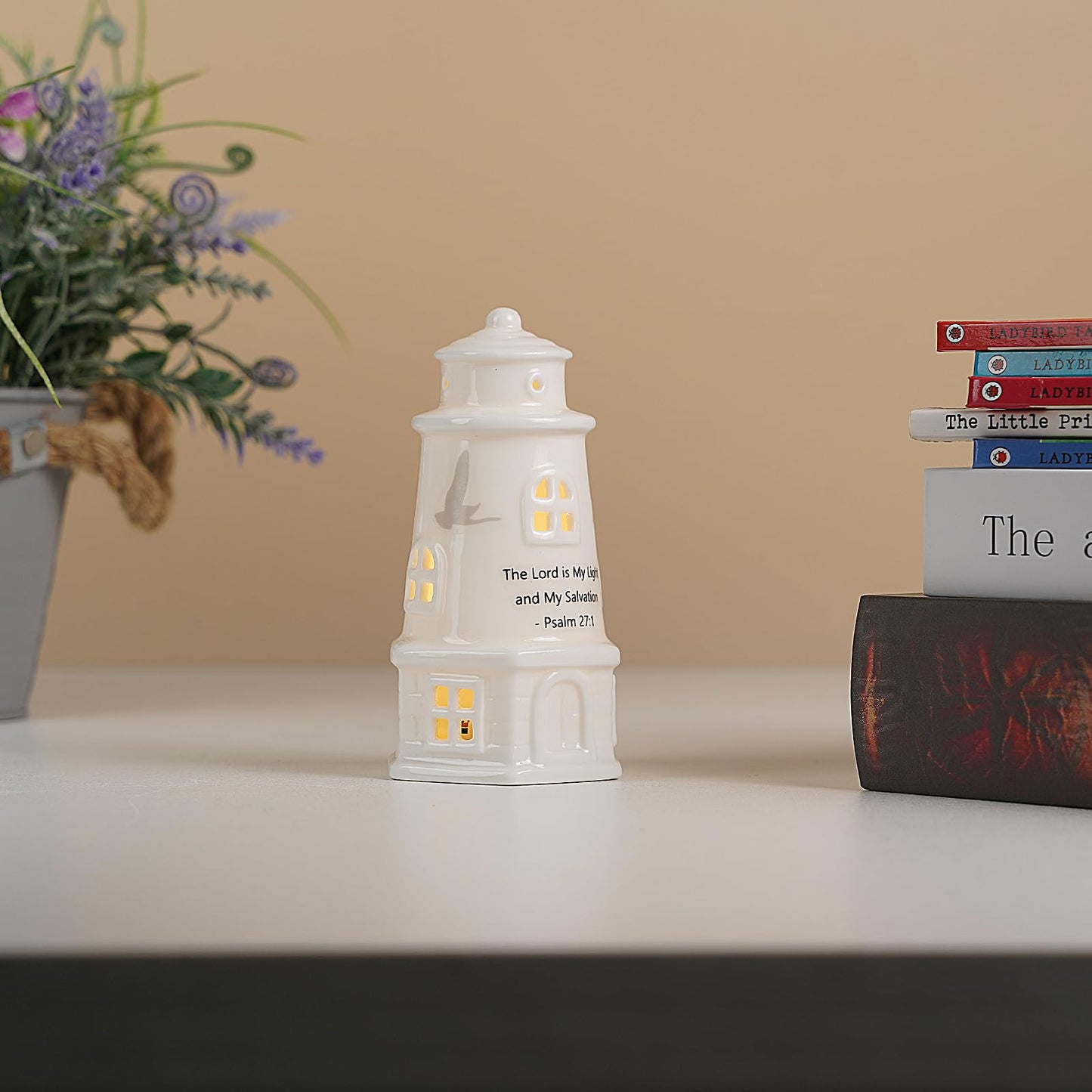 ROSYCOUD White Ceramic Lighthouse with Bible Verses - Psalm 27:1 Christian Light House Decor Statue Lamp, Faith Based Baptism Encouragement Spiritual Religious Gifts for Women