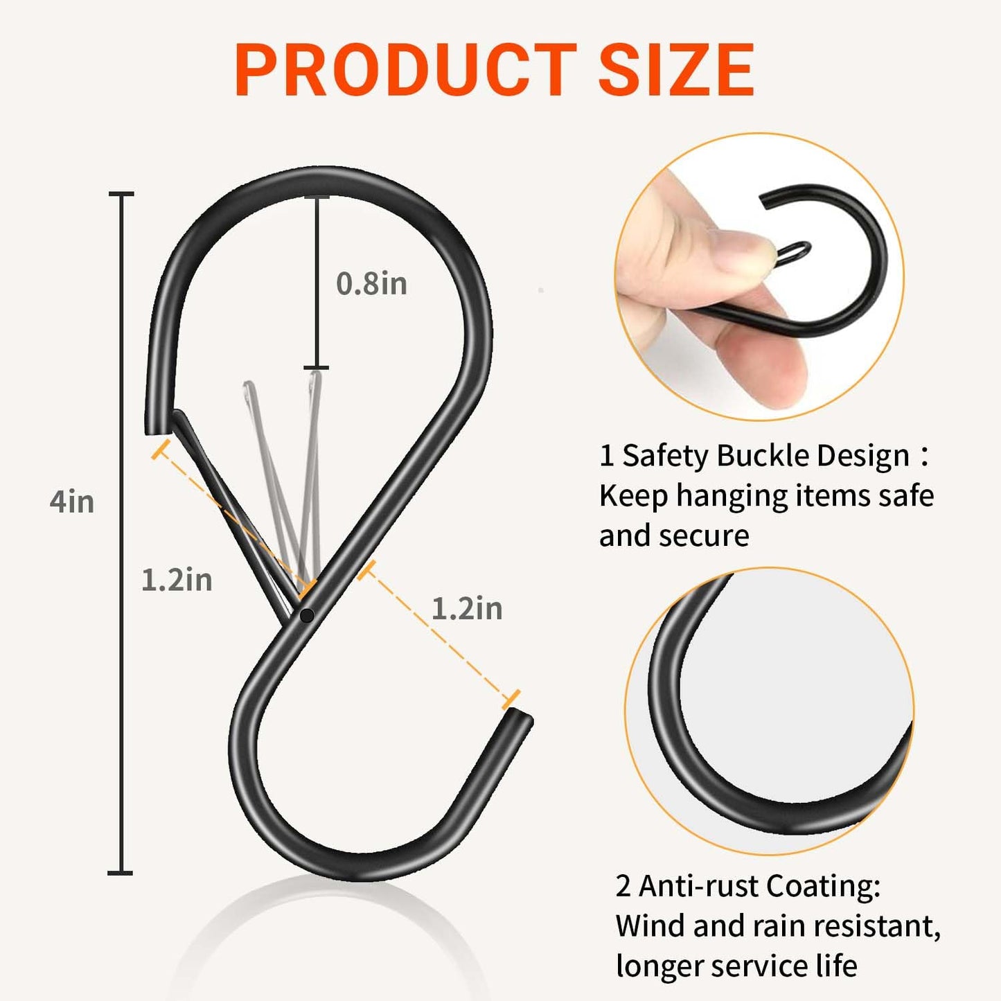 12 Pack Large S Hooks for Hanging Plants with Safety Buckle- Heavy Duty Solid Metal Steel Black S Shaped Closet Hooks for Hanging Plants, Kitchen Utensils, Jeans, Bags, Pots, 4 inch, Fit Most of Rod