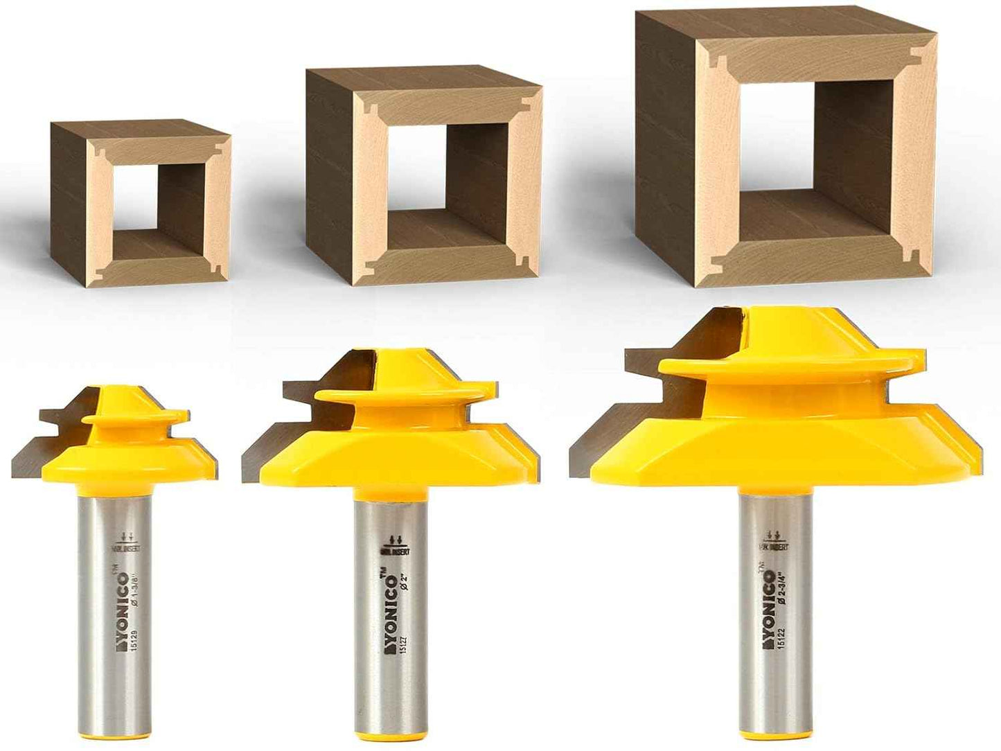 YONICO 45° Lock Miter Router Bit Set – 3 Bits, 1/2-Inch Shank for Precision Joinery