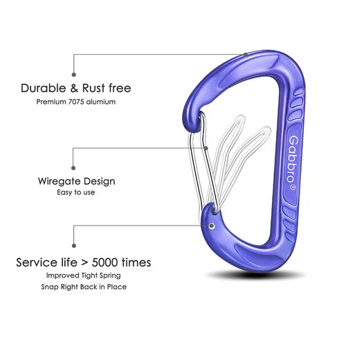 Gabbro Carabiner Clips Heavy Duty 12kN (2697 lbs), | 3.2 Inch, Aluminum, Wiregate Snap, Lightweight, 4 Pack | for Hammock, Hiking, Camping, Water Bottle, Dog Leash Harness, Keychains - Purple