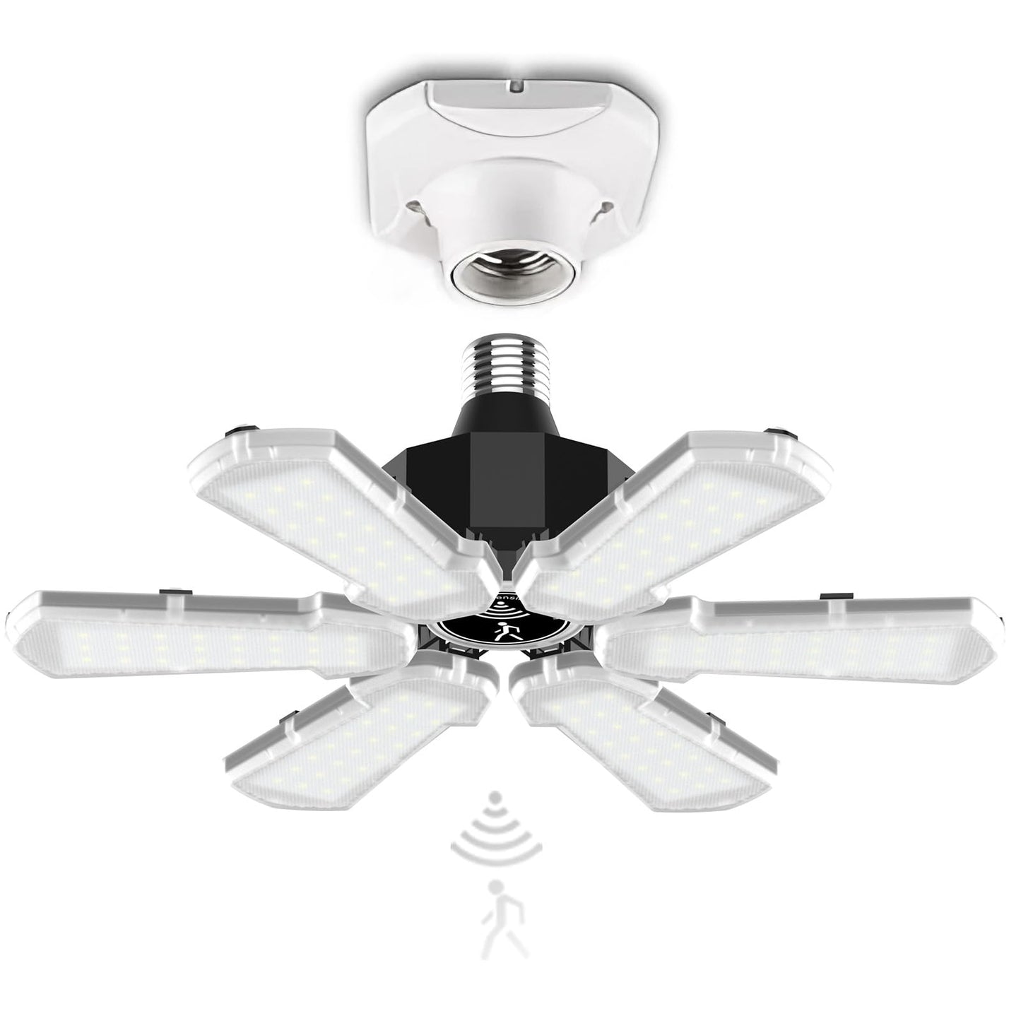 Motion Sensor Garage Light, Bright 18000LM Basement Shop Ceiling Lighting with Motion, 180W LED Motion Activated Garage Lighting w/ 6 Adjustable Panels Screw in E26 E27 Bulb for Basement Shop(1Pack)