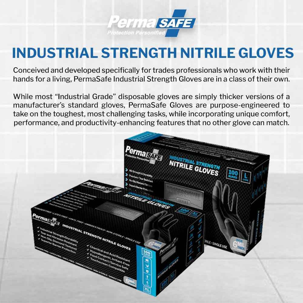 PermaSafe HD Black Disposable Nitrile Industrial Gloves, 6+ Mil, Latex-Free, Raised Textured, Mechanics, Medical, Food, More (Color - Black, 100 Count,XXL)