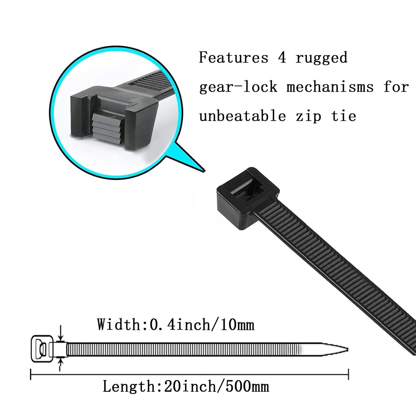 AGAOTIAN Heavy Duty 20 Inch Zip Ties, 50 Pack - Extra Long Black Cable Ties for Outdoor Use, 200 LB Tensile Strength, Durable Plastic Wire Ties