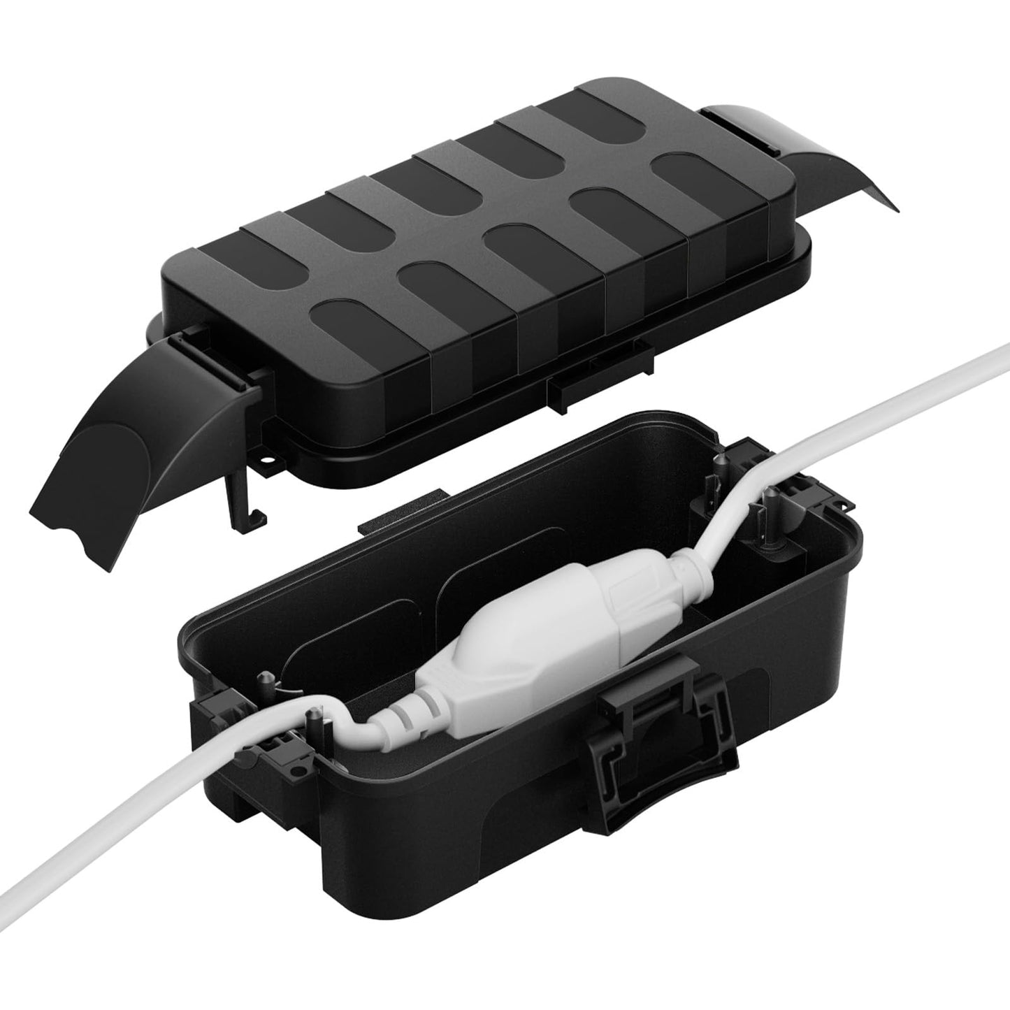 Flemoon Small Outdoor Electrical Box Waterproof w/Detachable Shield Covers, IP55 Extension Cord Cover for Plug, Outlet, Holiday Lights, Weatherproof Connection Box(Inner 5.9 x 3.2 x 1.8inch), Black