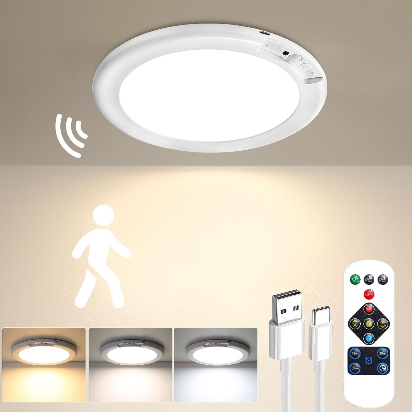 Rechargeable Motion Sensor Ceiling Light - 2 Pack Wireless Battery-Powered with Remote for Closet, Shower, Stairs, and Hallway