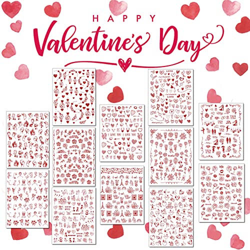 Valentine's Day Nail Art Stickers - 934 Pcs Self-Adhesive Designs, 12 Sheets