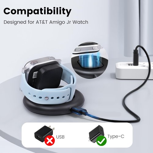 Compatible with AT&T Amigo Jr Watch Charger, Foldable Magnetic Charger Stand Dock with 3.12ft Type-C to Type-C Cable (Black-2)