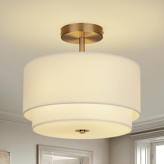 Modern Gold Semi Flush Mount Ceiling Light Fixture - 12.6'' Farmhouse Drum Design with 2-Layer Linen Shade for Bedroom & Hallway