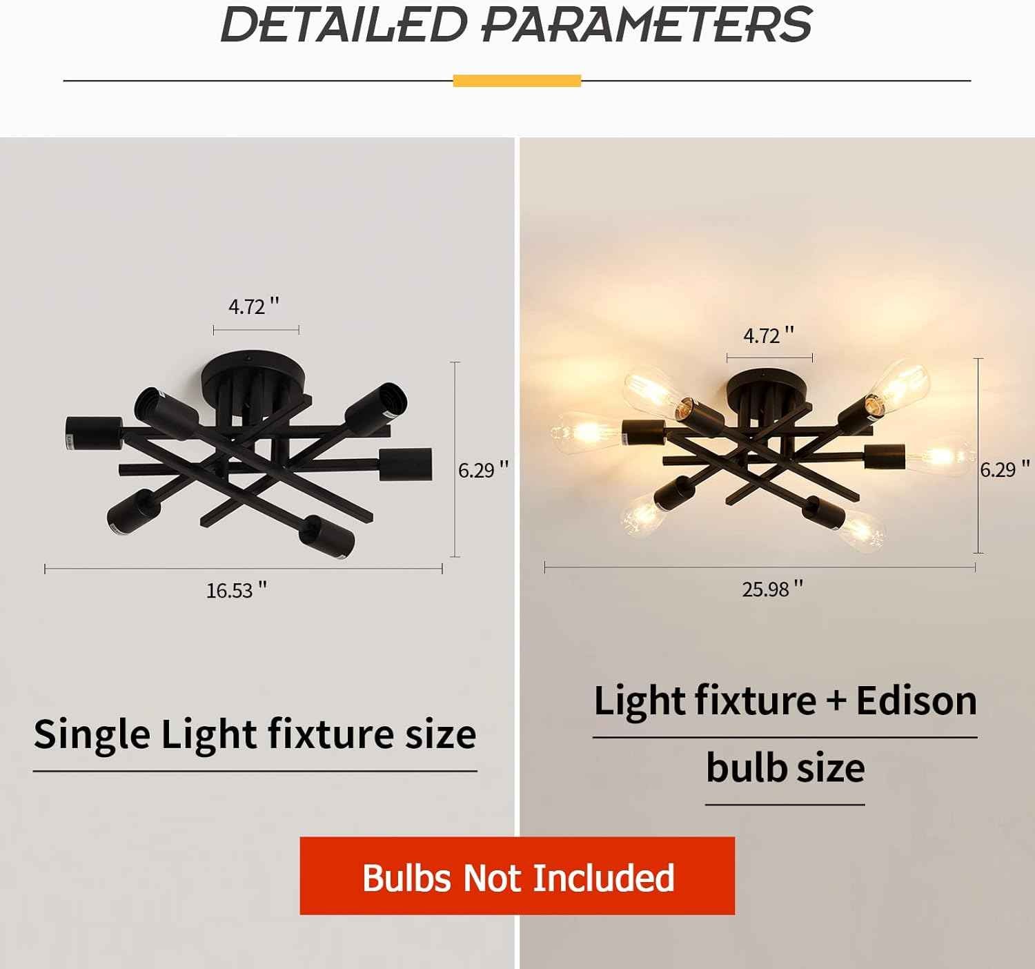 Gold Modern 6-Light Semi Flush Mount Ceiling Light Fixture - Vintage Sputnik Chandelier for Kitchen, Dining & Living Room