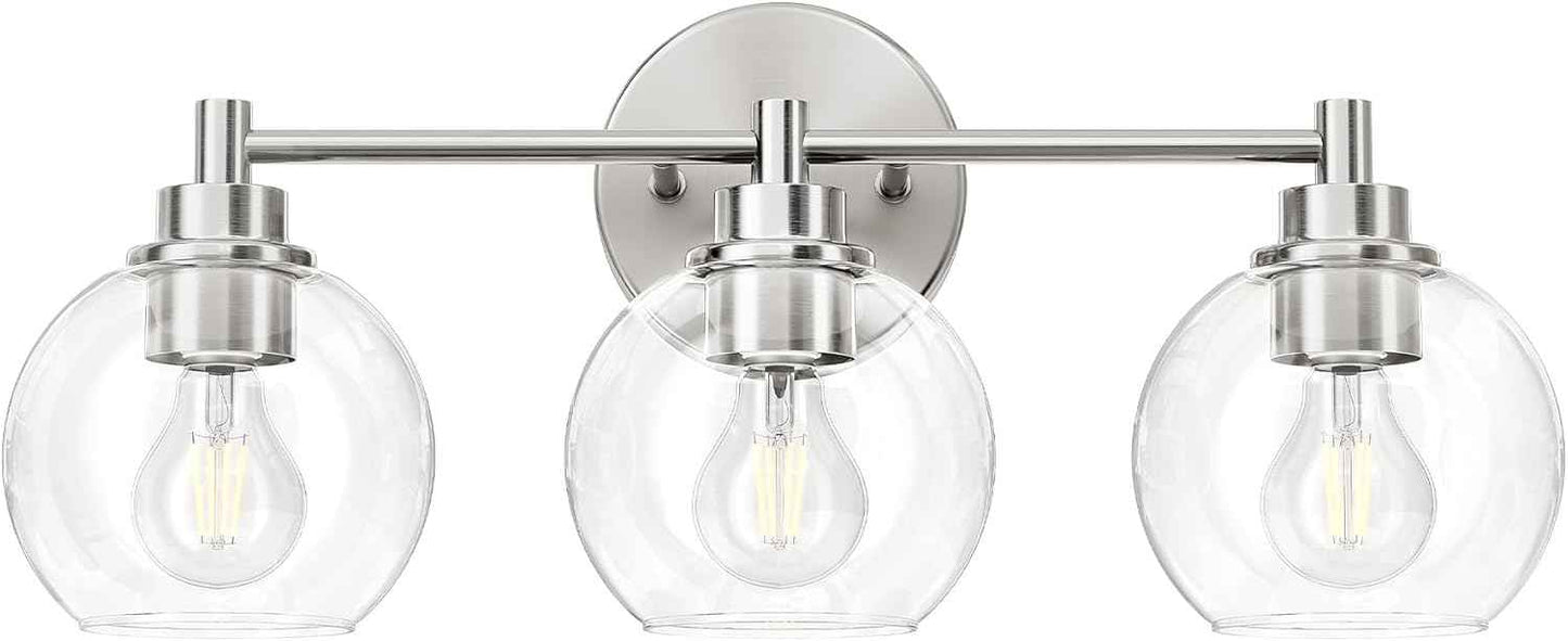 3-Light Vanity Bathroom Light Fixture with Globe Glass Shades - Brushed Nickel, ETL Certified