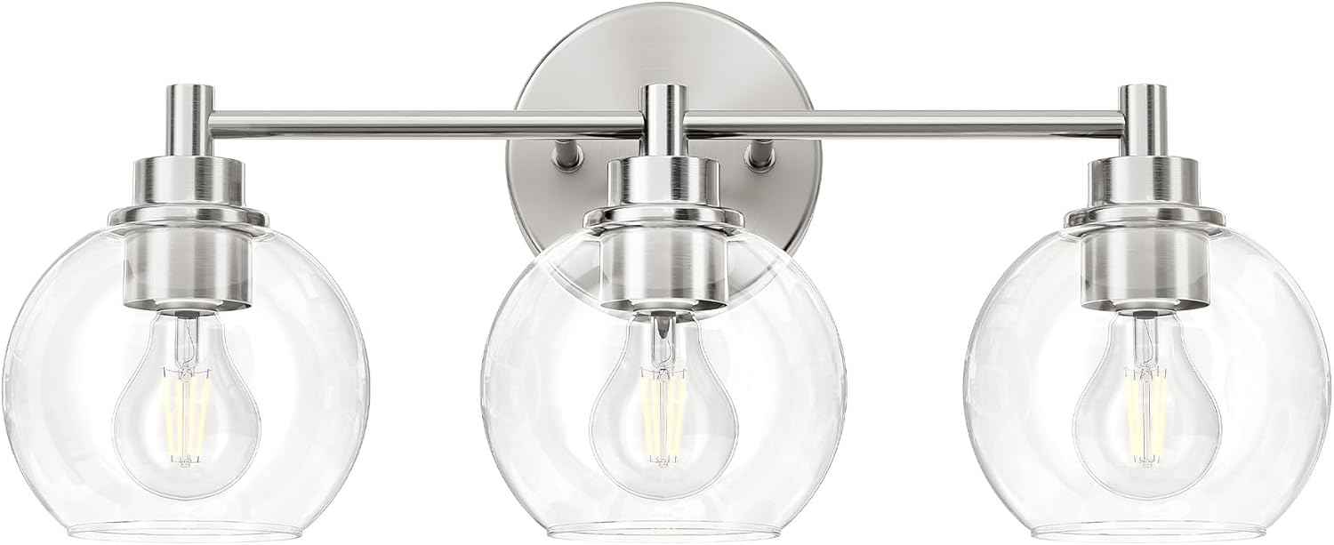 3-Light Vanity Bathroom Light Fixture with Globe Glass Shades - Brushed Nickel, ETL Certified