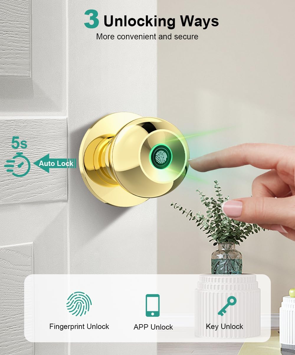 Smart Fingerprint Door Lock - Biometric Keyless Entry Knob with App Control for Home, Office & Garage