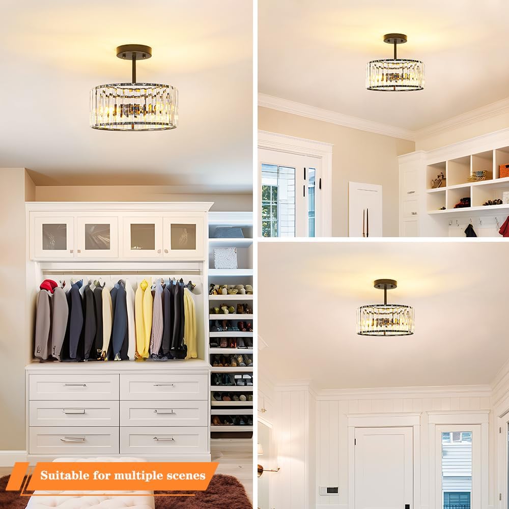 Modern Gold Crystal Ceiling Light Fixture - 11-Inch Semi Flush Mount Chandelier for Kitchen & Entryway