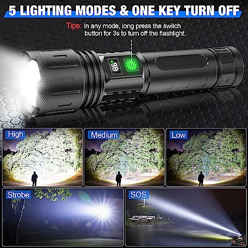 Banral LED Flashlights High Lumens Rechargeable, 5000mAh Super Bright Powerful Flashlight, Type-C, 5 Modes, Zoomable, IPX5 Waterproof High Powered Tactical Flash Light for Emergency Camping Hiking