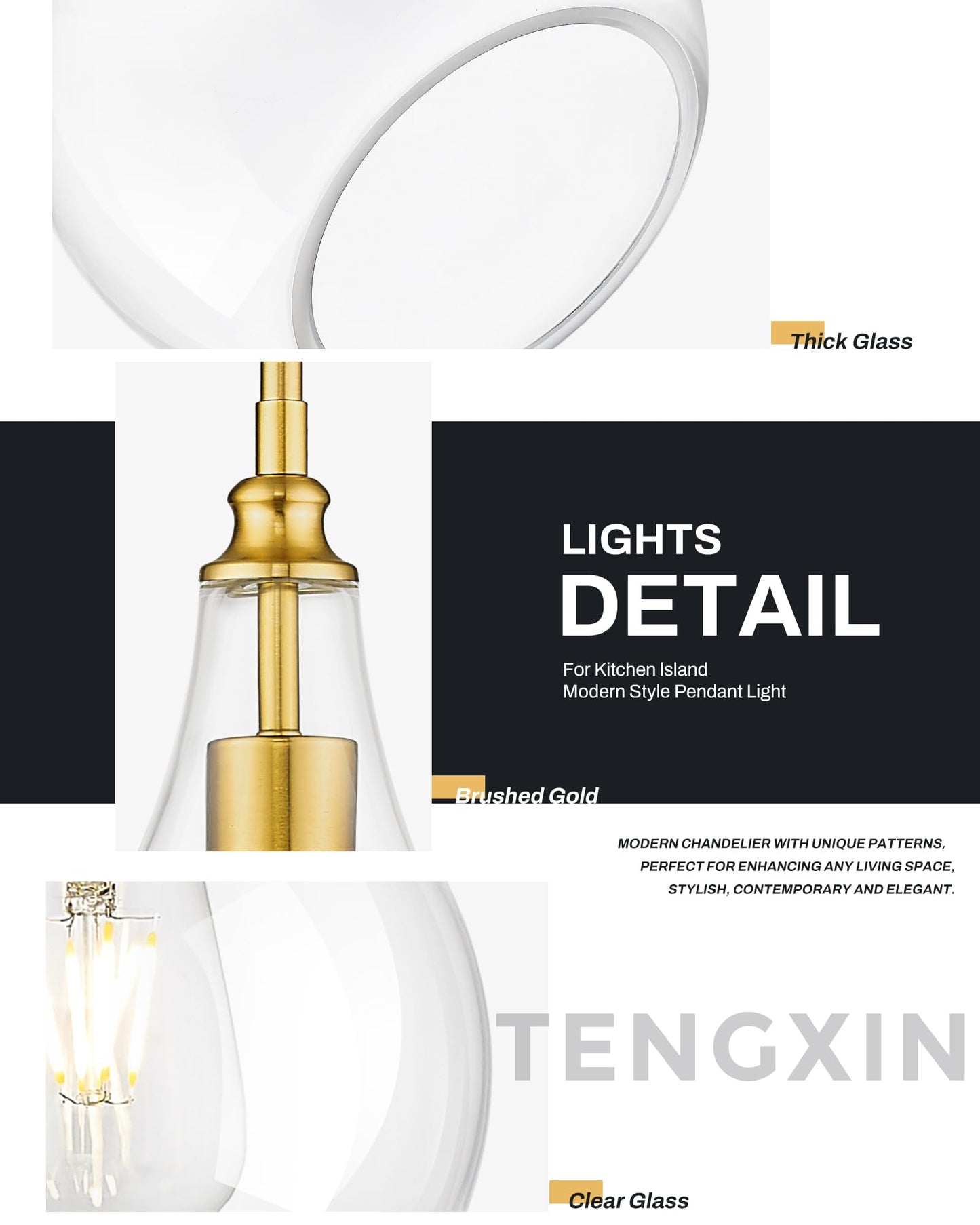 TENGXIN 8 Inch Pendant Lighting for Kitchen Island,Hanging Lights Kitchen Island,Brushed Gold Finished Clear Glass Pendant Light,Farmhouse Pendant Light for Dining Room,Bedroom,TXPLBG12-LCG