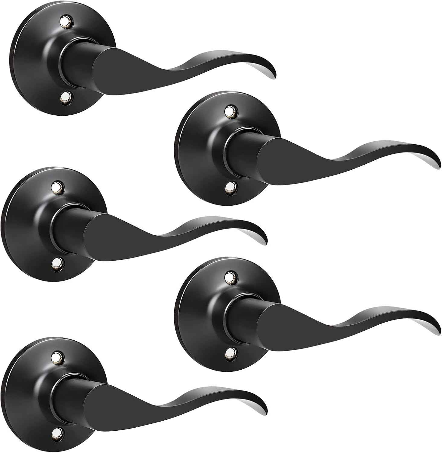 Black Privacy Door Levers - 6 Pack Keyless Modern Wave Handles for Bedrooms