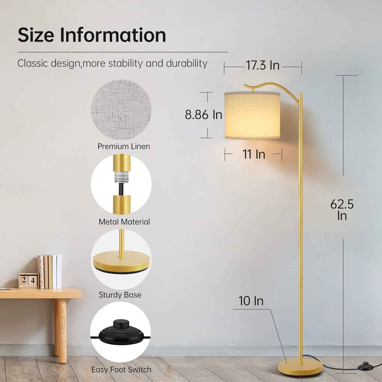 Modern LED Floor Lamp with Bohemian Linen Shade – Arched Tall Standing Light for Living Room & Bedroom