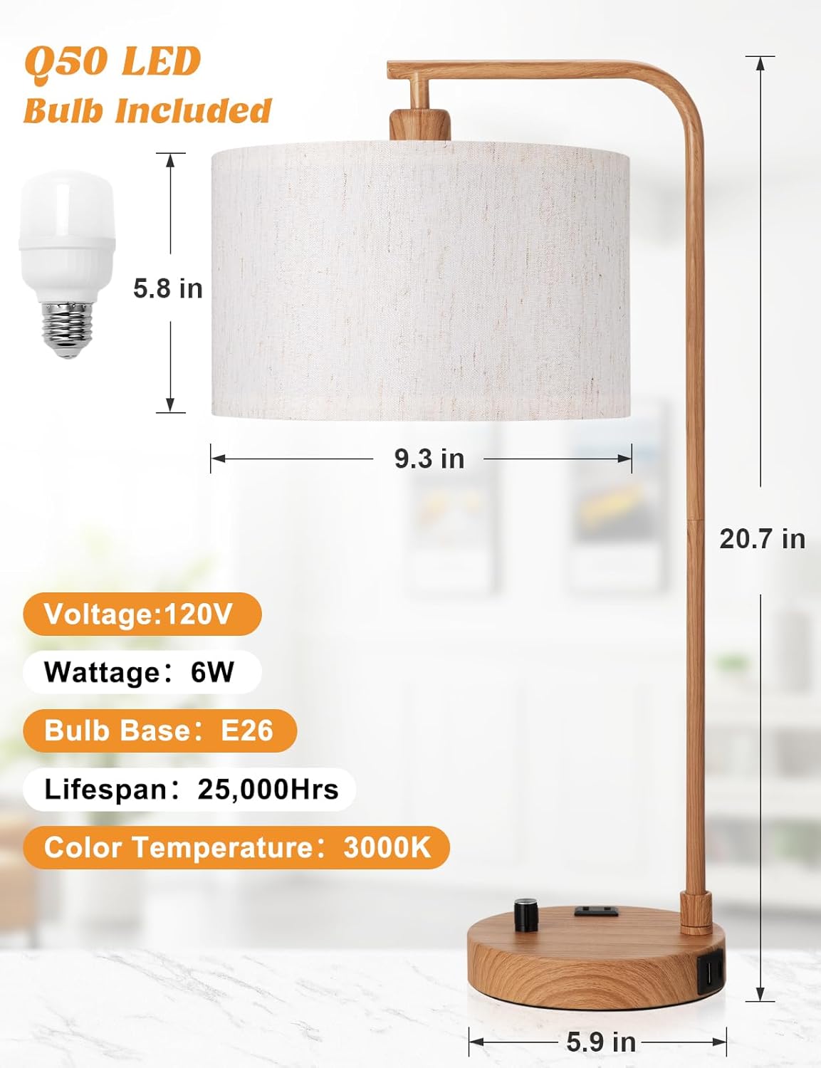 Dimmable Tall Table Lamp with USB Port & Outlet - Linen Shade Bedside Desk Lamp for Bedroom, Living Room, Home Office