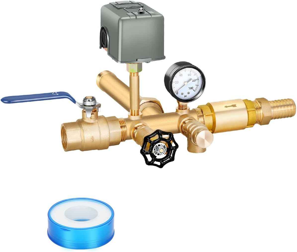 Well Pressure Tank Tee Kit with Union & 40-60 PSI Switch - Upgraded 1” x 11” for Tanks Up to 16” Diameter