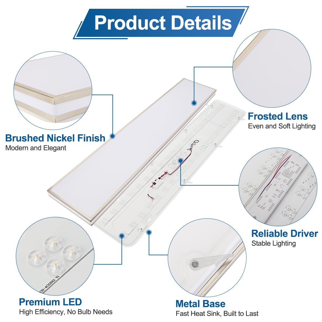 DAKASON 4FT Rectangle LED Flush Mount Ceiling Light for Kitchen/Laundry, 48W Wraparound 3/4/5000K Selectable, Hardwired 4’ Linear Lights Fluorescent Tube Replacement, Dimmable 1Pack