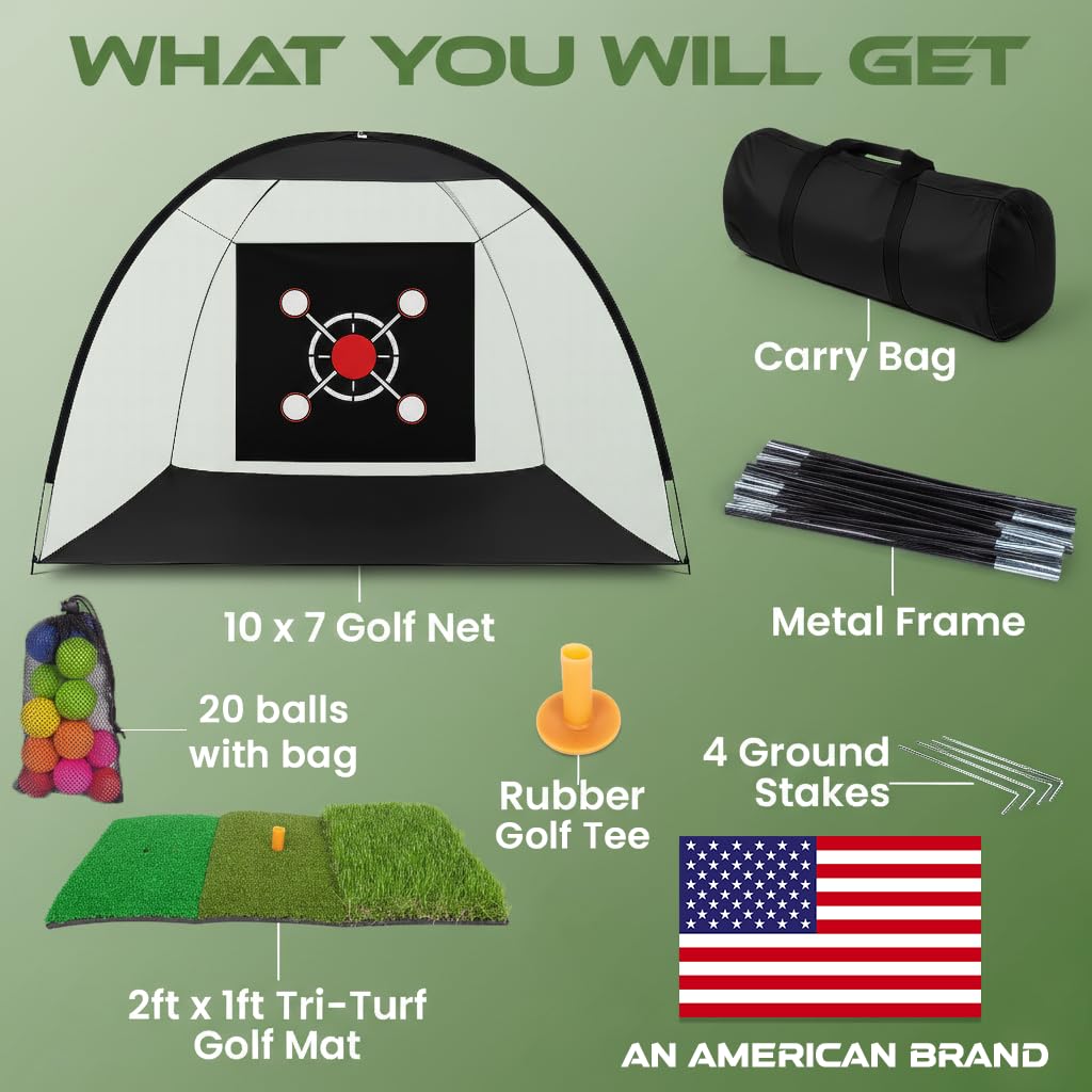 Golf Practice Net for Backyard 10x7ft – Golf Hitting Net for Backyard with Tri-Turf Mat, 20 Pack Foam Balls, Training Driving Chipping Swing – Indoor Outdoor Sports for Men, Dad, or Home Training