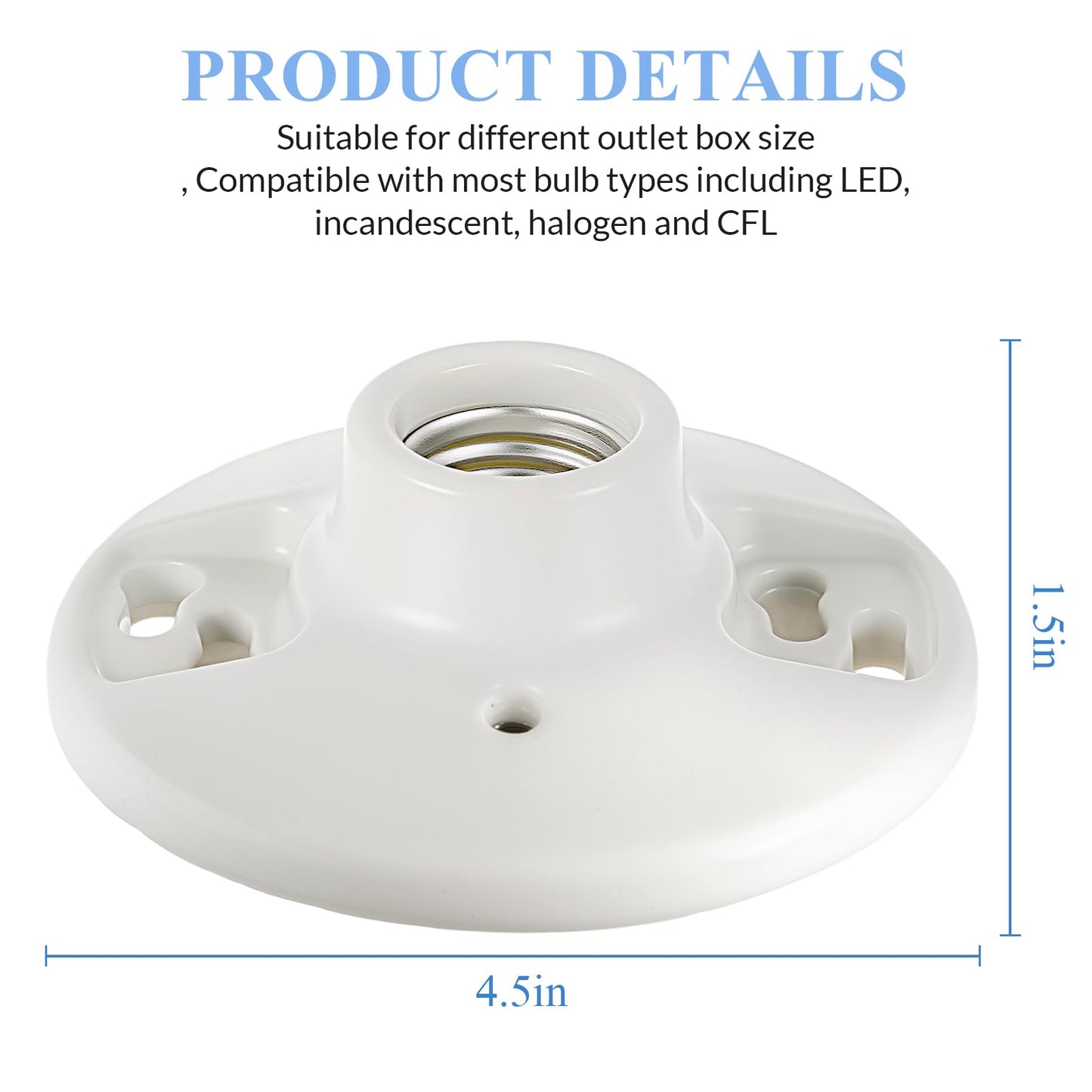 Saysurey 4 Pack Medium Base E26 Lamp Holder Socket Keyless Top Porcelain Light Bulb Socket for Installation on 3. 25” and 4” Junction Boxes Ceiling Light Fixture White Lampholder 660w 250v