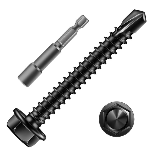 SG TZH (131Pcs)#8 x 1-1/2" Sheet Metal Screws 410 Black Stainless Steel Hex Washer Head Fast Self Tapping Screws Tek Screws with Hex Socket Included