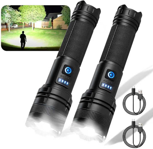 High Lumens Rechargeable LED Flashlight 2-Pack - 90000 Super Bright, 5 Modes, Adjustable Focus for Home, Camping & Outdoor Use