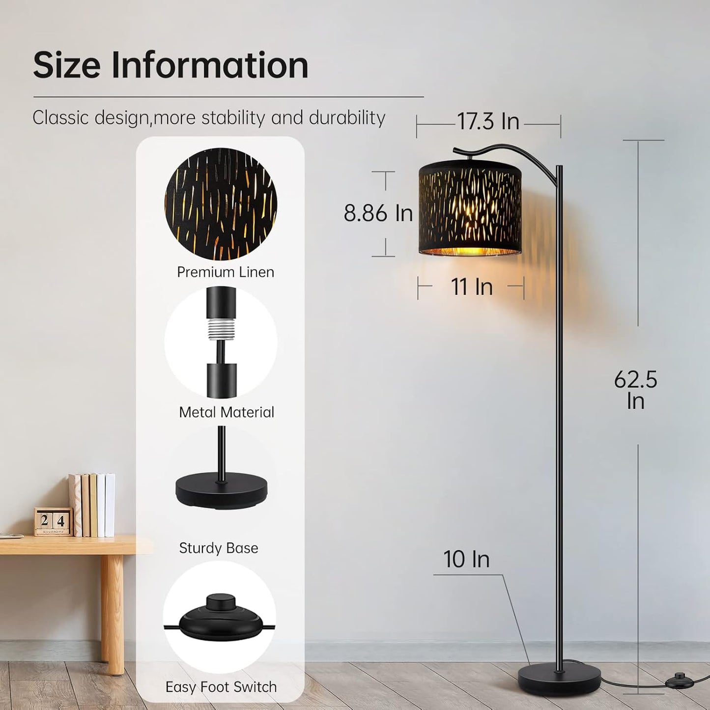 Modern LED Floor Lamp with Bohemian Linen Shade – Arched Tall Standing Light for Living Room & Bedroom