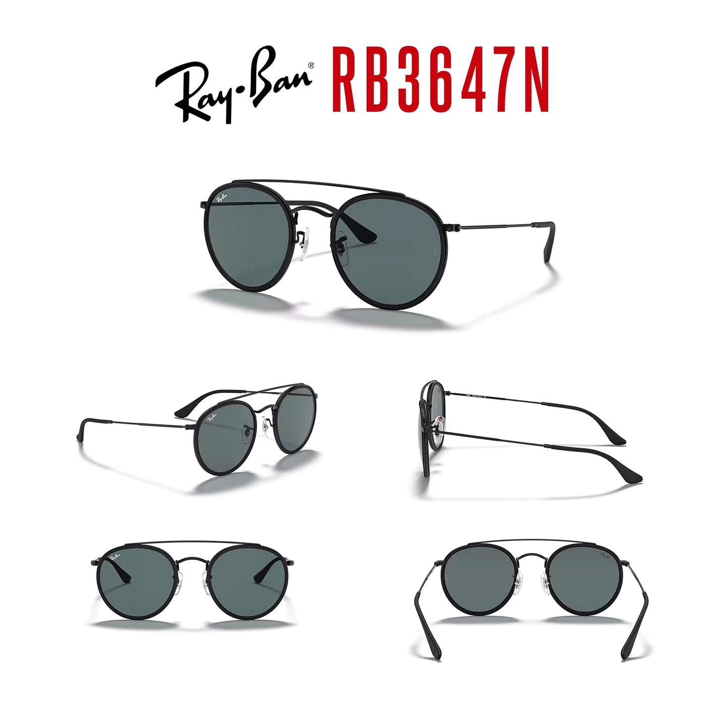 Ray-Ban RB3647N Double Bridge 002/R5 51mm (M) Black/Crystal Lens Grey Round Sunglasses for Men for Women +Bundle with Accessory Eyewear Kit
