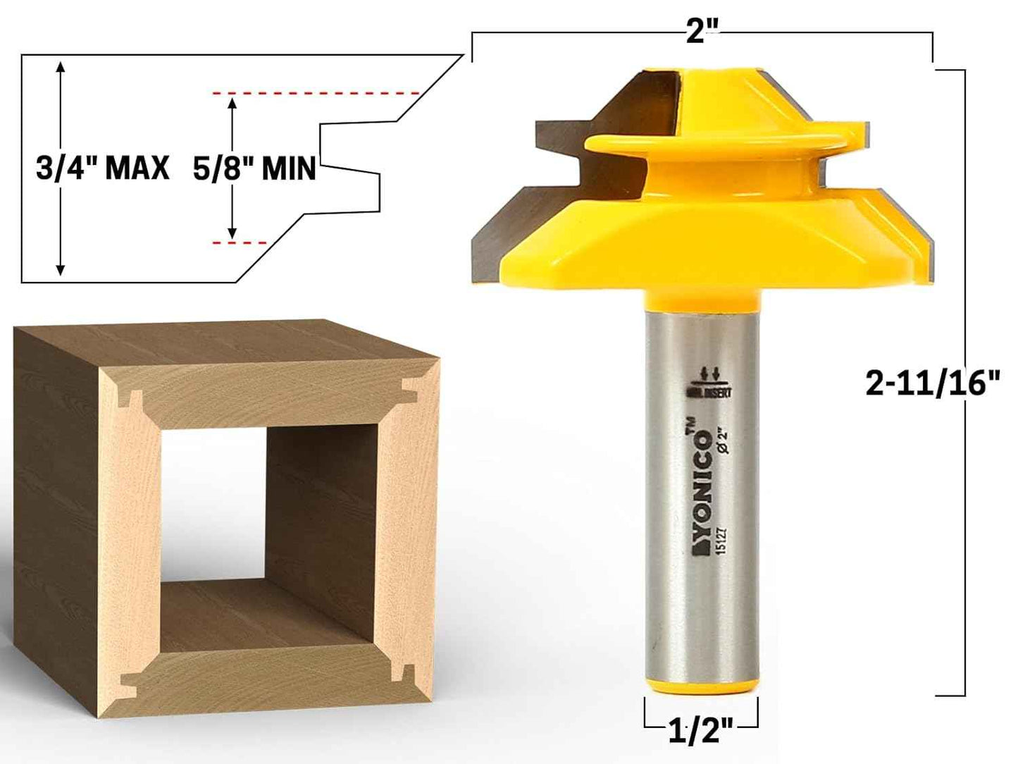 YONICO 45° Lock Miter Router Bit Set – 3 Bits, 1/2-Inch Shank for Precision Joinery
