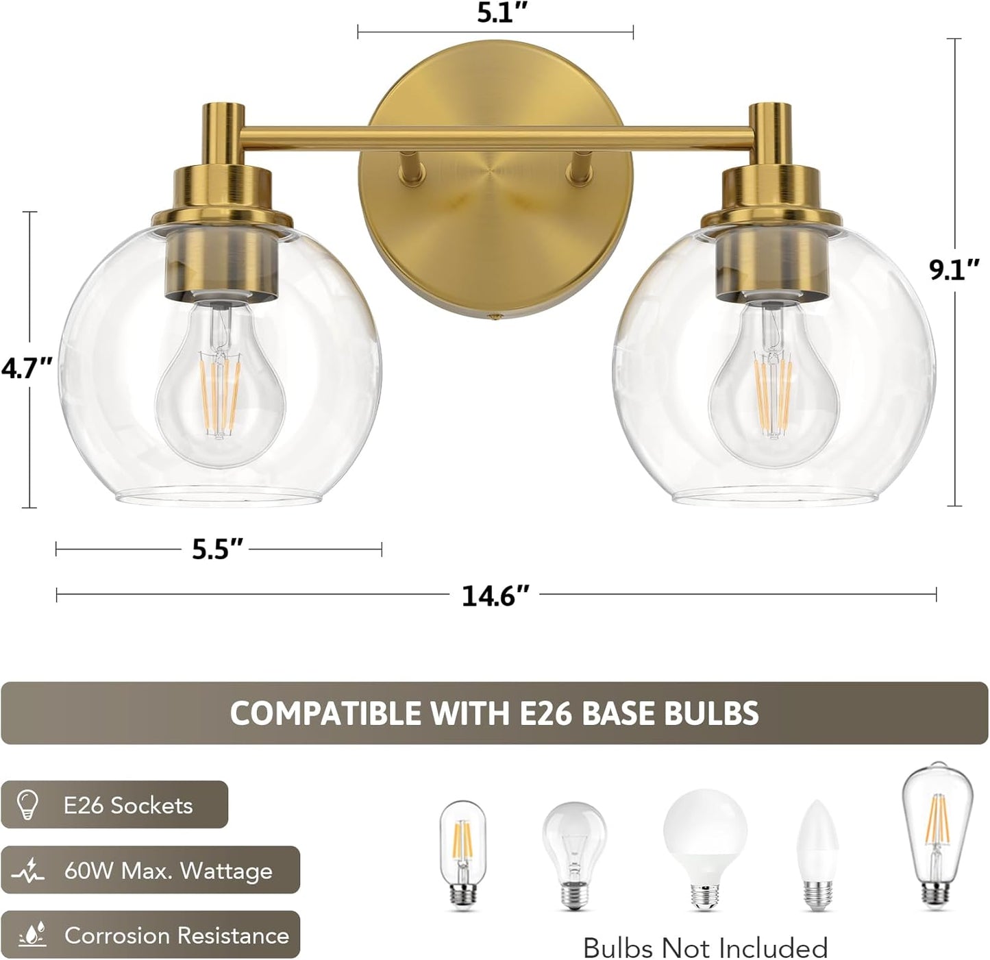 3-Light Vanity Bathroom Light Fixture with Globe Glass Shades - Brushed Nickel, ETL Certified