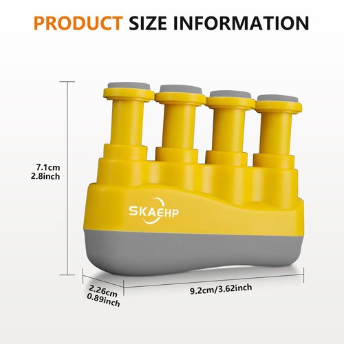 Hand exerciser - Improves finger, hand, and forearm flexibility and strength - Adjustable tension for each finger - Simulates guitar strings to help build calluses - Comfortable workout - Yellow and gray