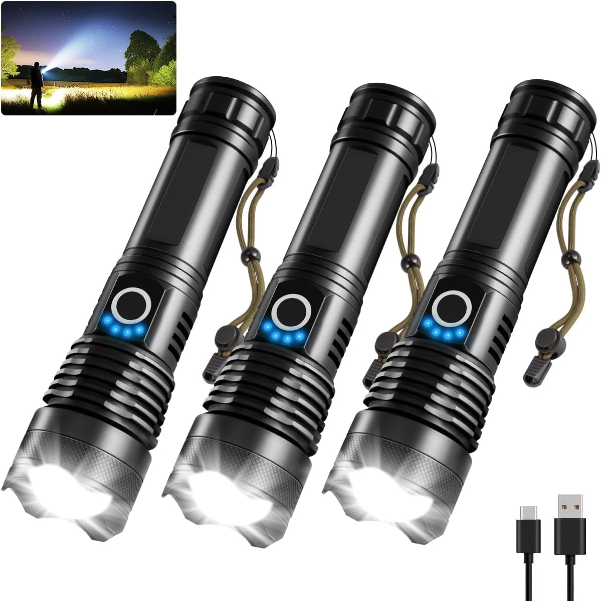 Rechargeable High Lumens Flashlight 3-Pack - Super Bright LED Tactical Lights for Camping & Emergencies