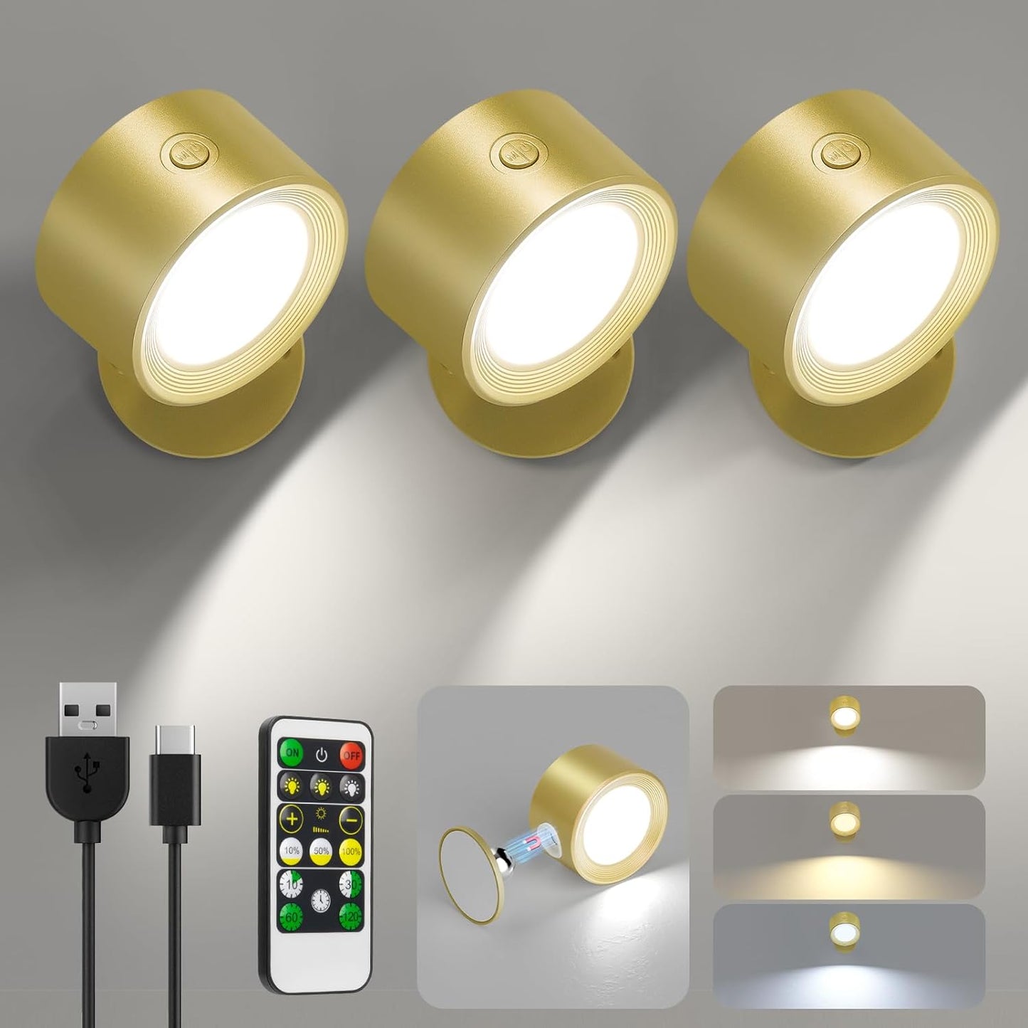 Rechargeable LED Wall Mounted Lights - 3 Pack with Remote, Dimmable & 360° Rotation for Bedroom