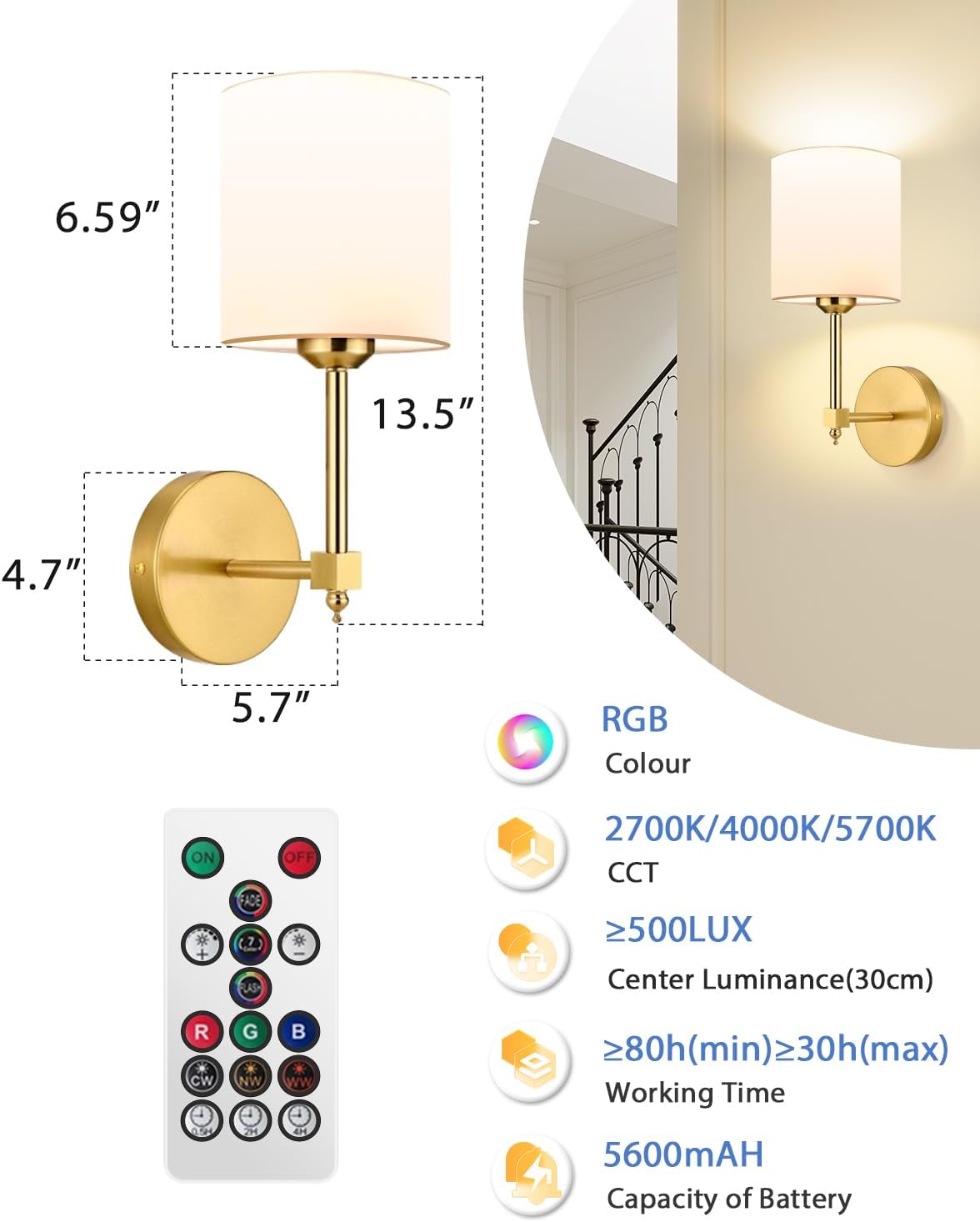 Rechargeable Black Wall Sconce Set of 2 - 5CCT Wireless Dimmable Lights with Remote for Bedroom & Living Room