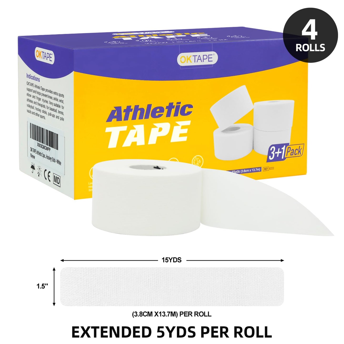 OK TAPE Athletic Sports Tape(4 Packs) - 45ft Per Roll Very Strong Tape for Athlete & Sport Trainers & First Aid Injury Wrap, Perfect for Fingers Ankles Wrist on Bat, Hockey Stick - Green