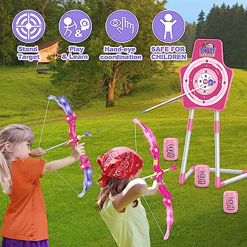 Pink LED Light-Up Archery Set for Kids with Foam Dart Guns & Targets