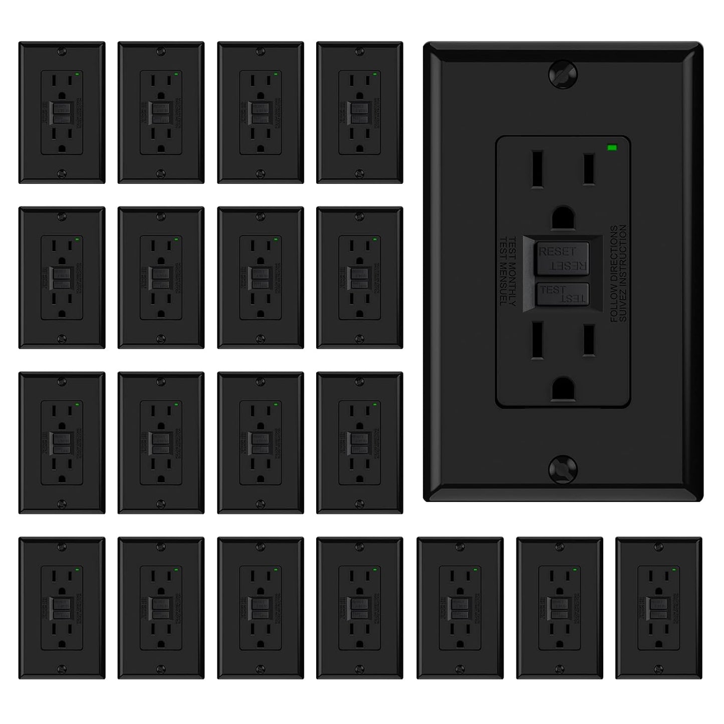 GFCI Outlet 15 Amp - Self-Test Electrical Receptacle with LED Indicator, 10 Pack