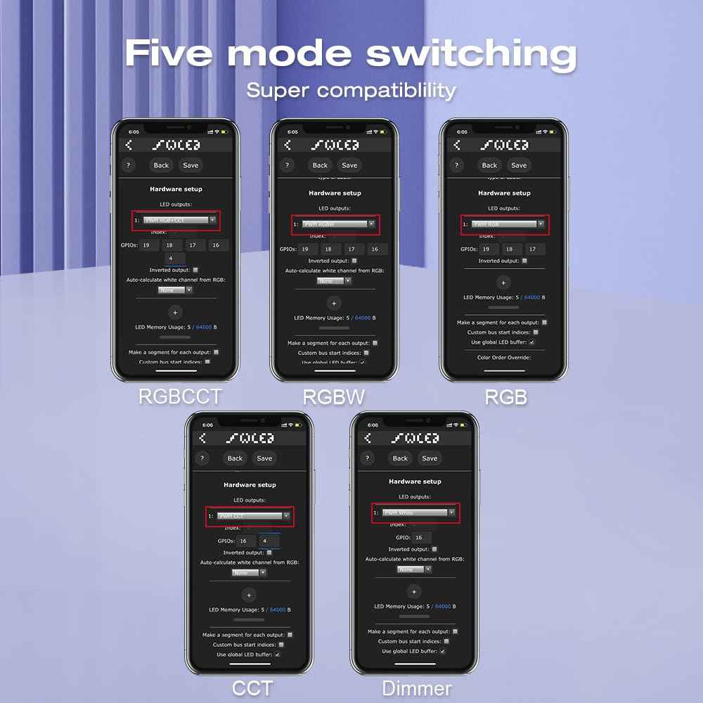 ESP32 PWM WLED LED Controller 5 Modes in 1 DC 12-24V WiFi Wireless App Control Easy Wiring DIY Static Dynamic Mode Lighting For Analog RGBCCT RGBW RGB WWCW CCT Dimmer Strip Light WLED Pre-installation