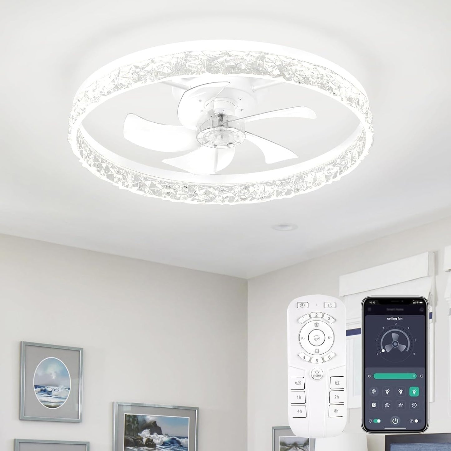 Flush Mount Ceiling Fan with Lights & Remote - 6 Speed Low Profile for Bedroom & Small Rooms
