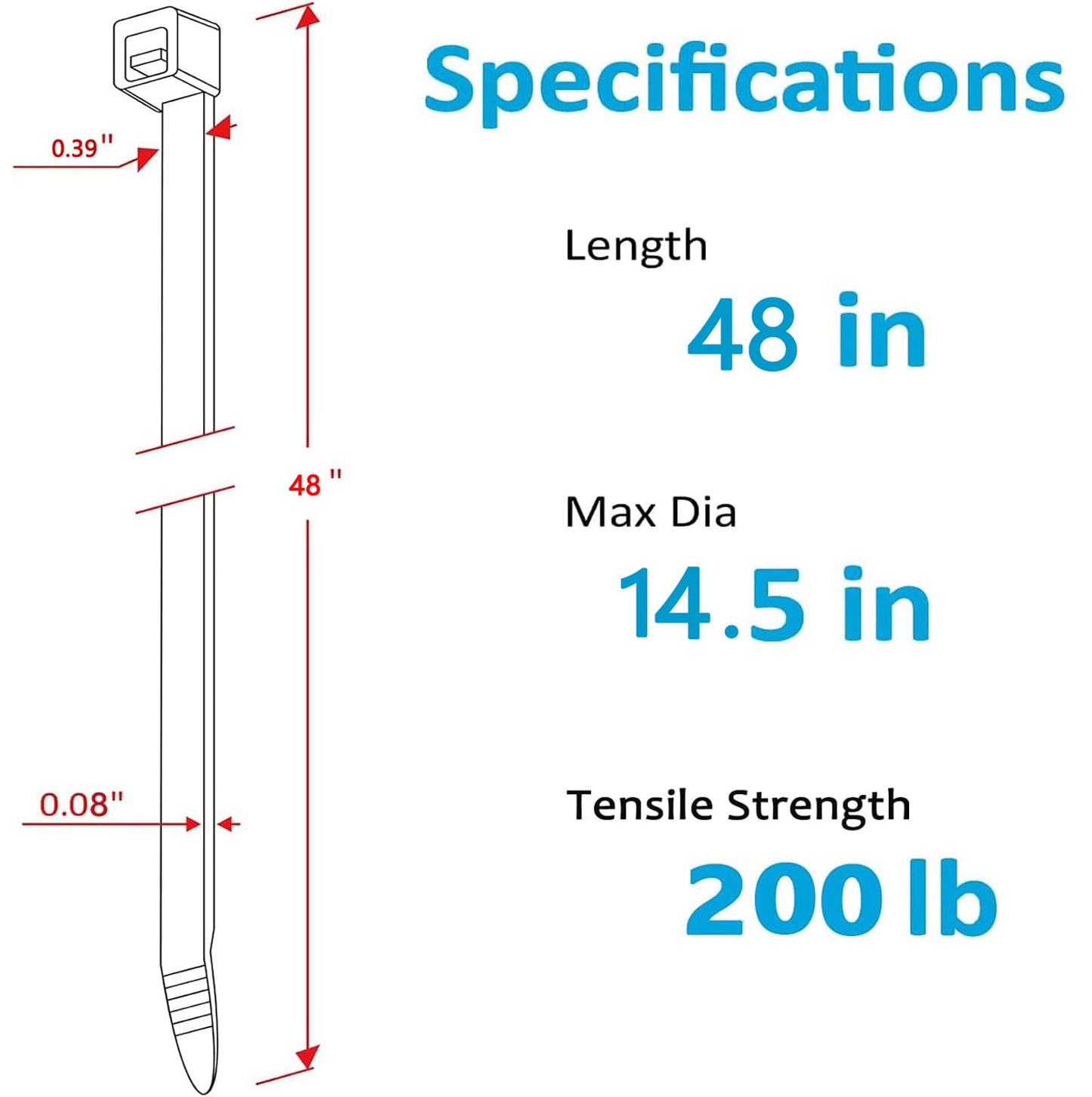 48 Inch Extra Long Heavy Duty Cable Ties, 12-Piece UV Resistant Black Nylon Zip Ties, 200 LB Tensile Strength