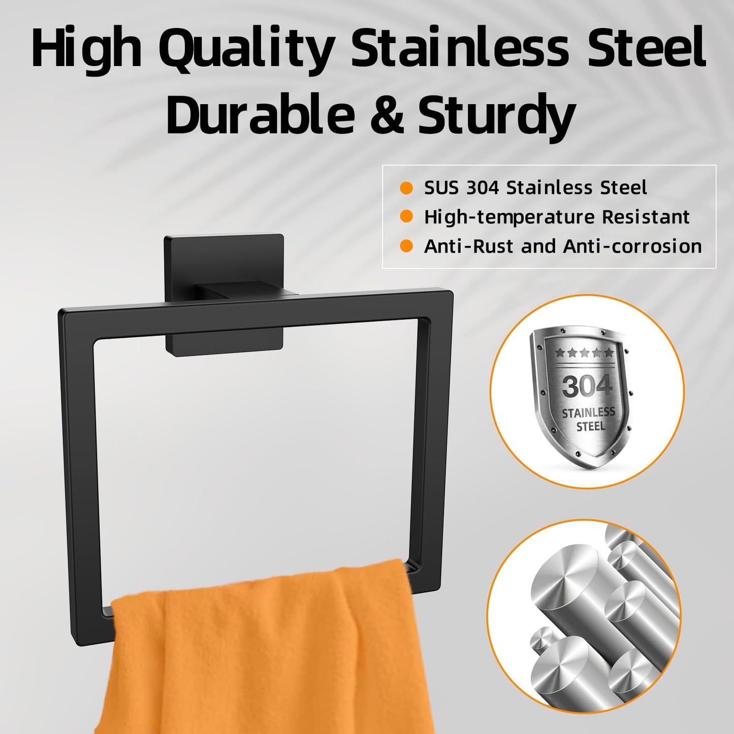 Matte Black Square Towel Ring, SUS304 Stainless Steel Hand Towel Holder for Bathroom Kitchen, Modern Style Towel Hanger, Thicken Ring Towel Holder, Towel Rack Square Wall Mounted