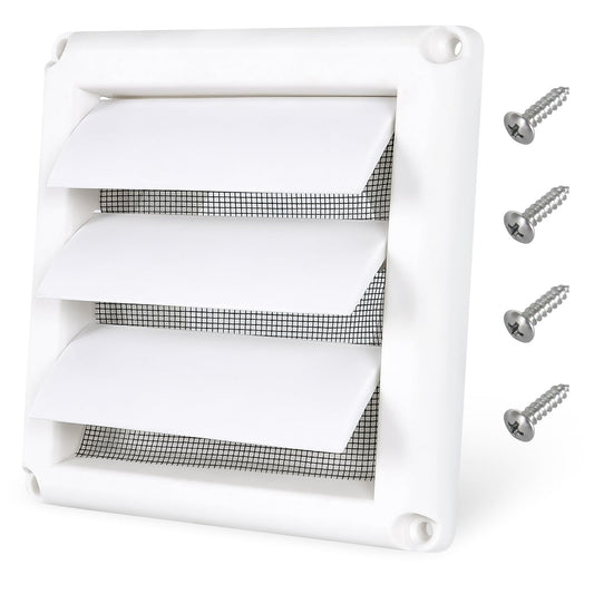 6ββ Louvered Dryer Vent Cover, White Plastic Louvered Outdoor Dryer Outlet Cover for Exterior Wall Vent Hood Outlet Airflow with 4 Screws to Keep Rain, Snow, Wind, Birds (6 Inch Active Louver)