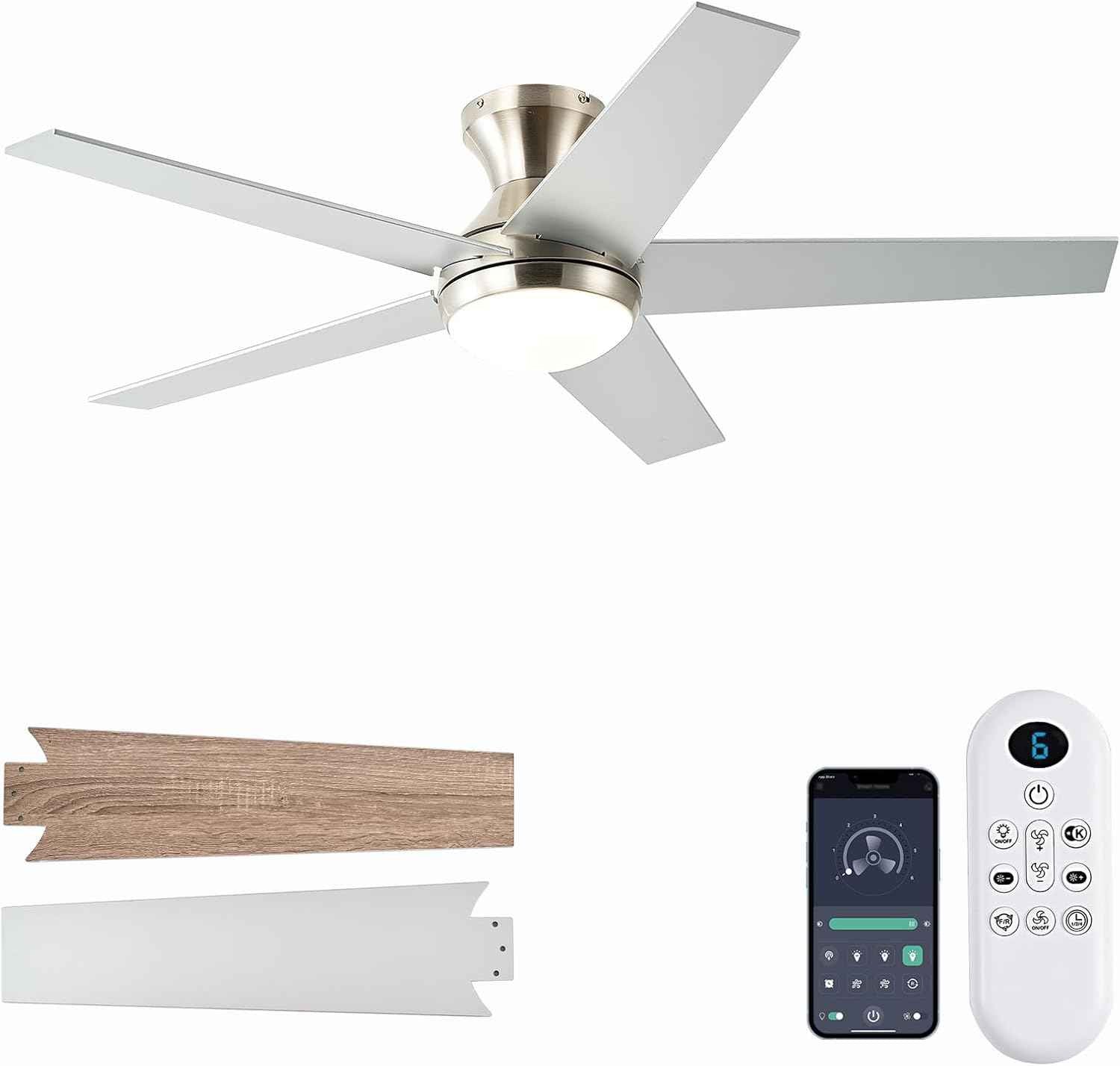 48-Inch Low Profile Ceiling Fan with Lights & Remote Control - Dimmable, Noiseless, Reversible Motor for Bedroom & Indoor/Outdoor Use